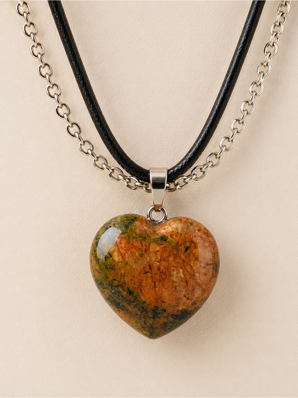 Heart Stone Pendant Necklace in Brown and Green - Women Jewelry